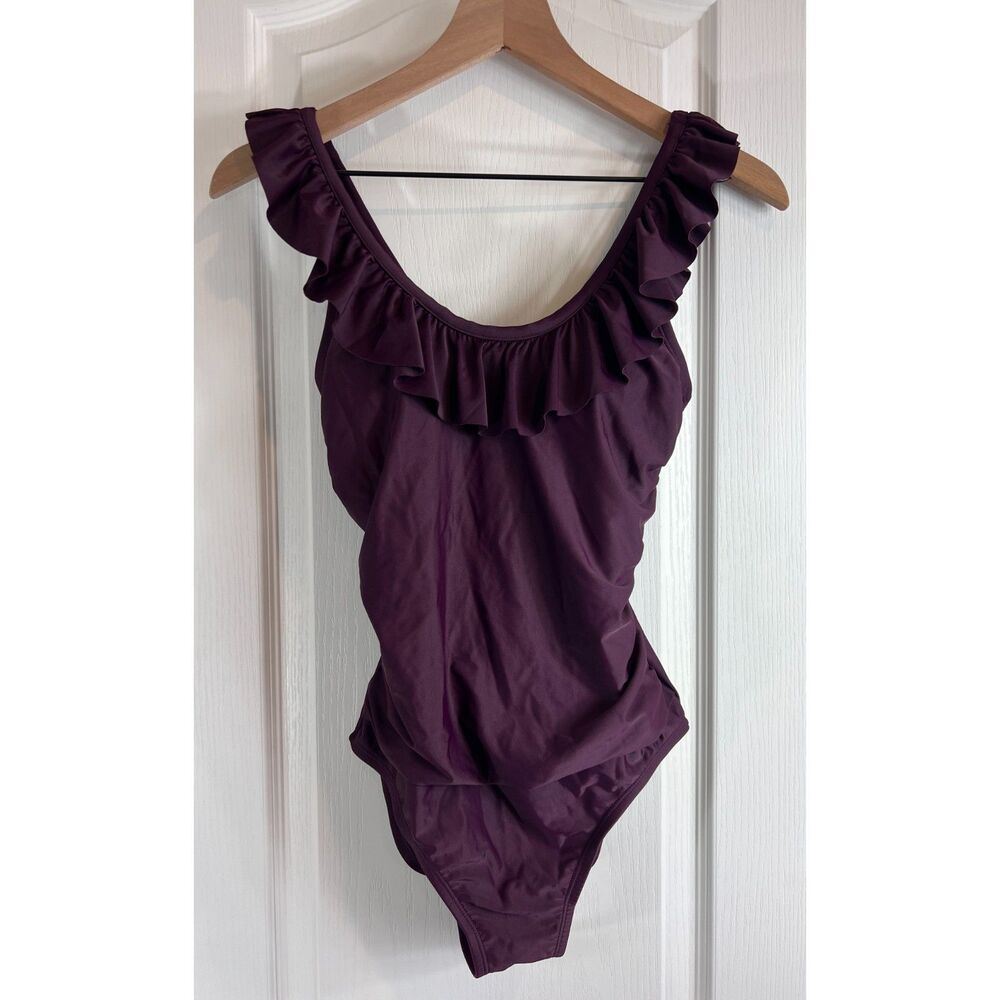 Merona Women's One Piece Swimsuit Ruffle Trim Ruching Dark Purple Size S